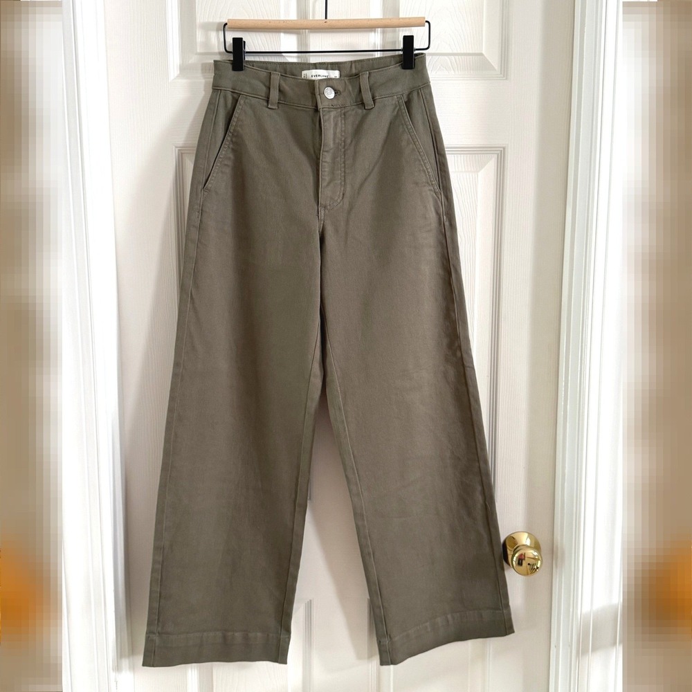 Everlane Wide Leg Utility Pant Olive Green Organic Cotton Twill High Rise Sz 0R